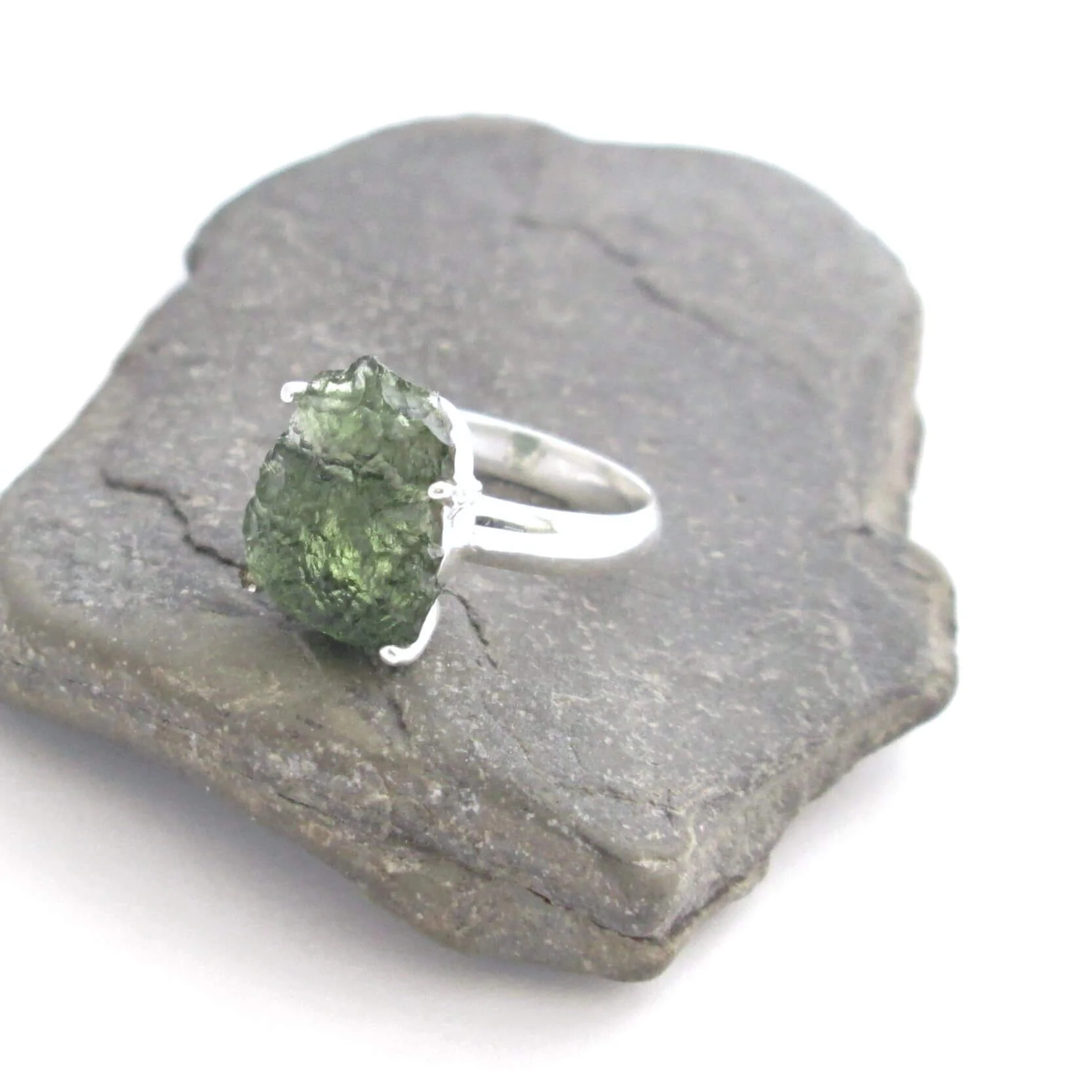 Raw Moldavite Ring Genuine Natural Green Tektite Sterling Silver